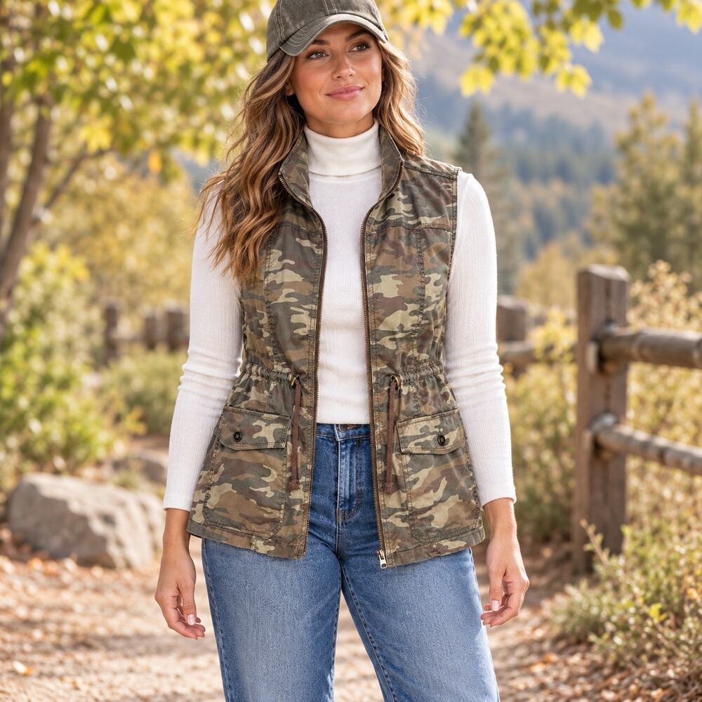 Maurices Camo Utility Vest Drawstring Waist Cotton Sz0 Casual Outdoorsy